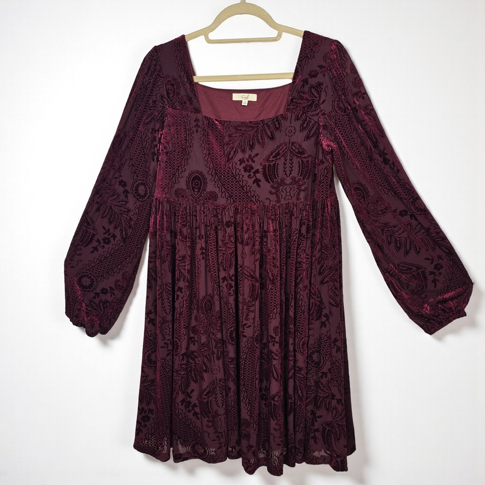 Easel Los Angeles Dress Burn Out Velvet Woman Small Burgundy Oversized Babydoll